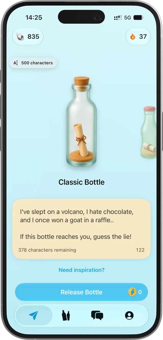 Shorebound app home screen showing a message being written in a soda bottle