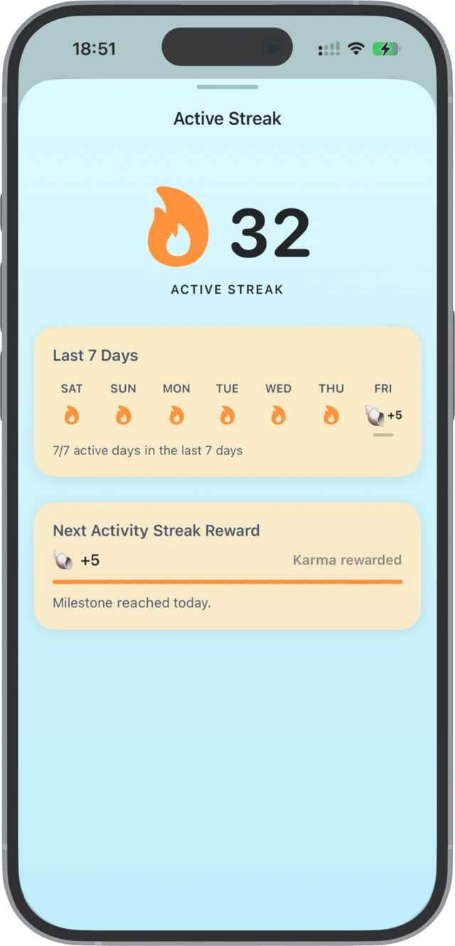 A calm daily streak screen in the Shorebound app